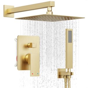 holispa gold shower system, shower faucet set with 10-inch rain shower head and handheld, wall mounted high pressure shower head set, shower combo set with shower valve and shower trim, brushed gold