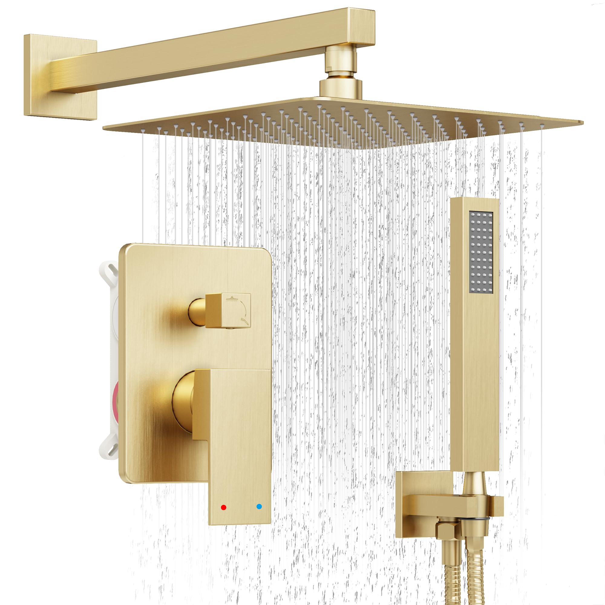 Holispa Gold Shower System, Shower Faucet Set with 10-Inch Rain Shower Head and Handheld, Wall Mounted High Pressure Shower Head Set, Shower Combo Set with Shower Valve and Shower Trim, Brushed Gold