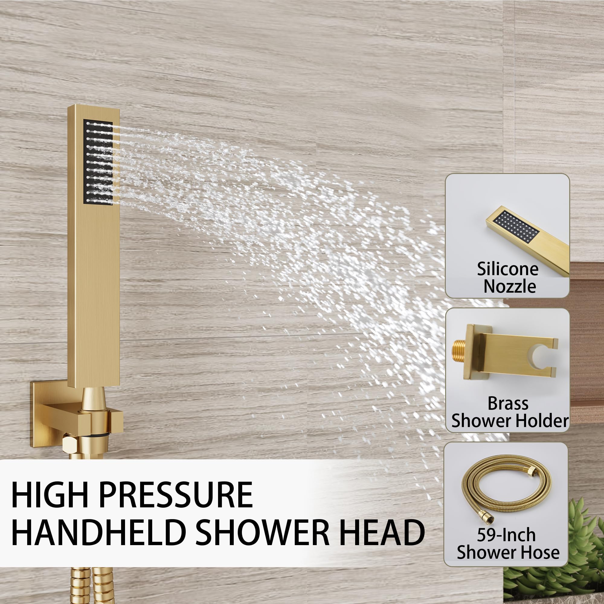 Holispa Gold Shower System, Shower Faucet Set with 10-Inch Rain Shower Head and Handheld, Wall Mounted High Pressure Shower Head Set, Shower Combo Set with Shower Valve and Shower Trim, Brushed Gold