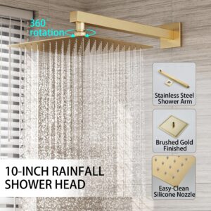 Holispa Gold Shower System, Shower Faucet Set with 10-Inch Rain Shower Head and Handheld, Wall Mounted High Pressure Shower Head Set, Shower Combo Set with Shower Valve and Shower Trim, Brushed Gold