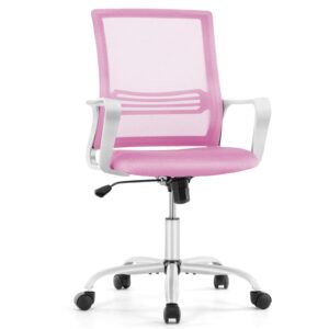 afo ergonomic office chair adjustable with comfortable lumbar support, armrest and padded seat, 360 degree swivel, mid back breathable mesh, rocking mode, for conference room, executive, study, pink