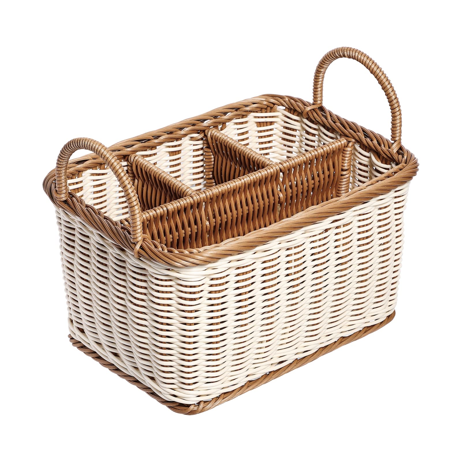 Silverware 4- compartment storage basket woven rattan- desktop basket rectangular organiser box shelves& desks decorative basket for sundries stationery cosmetics Utensil