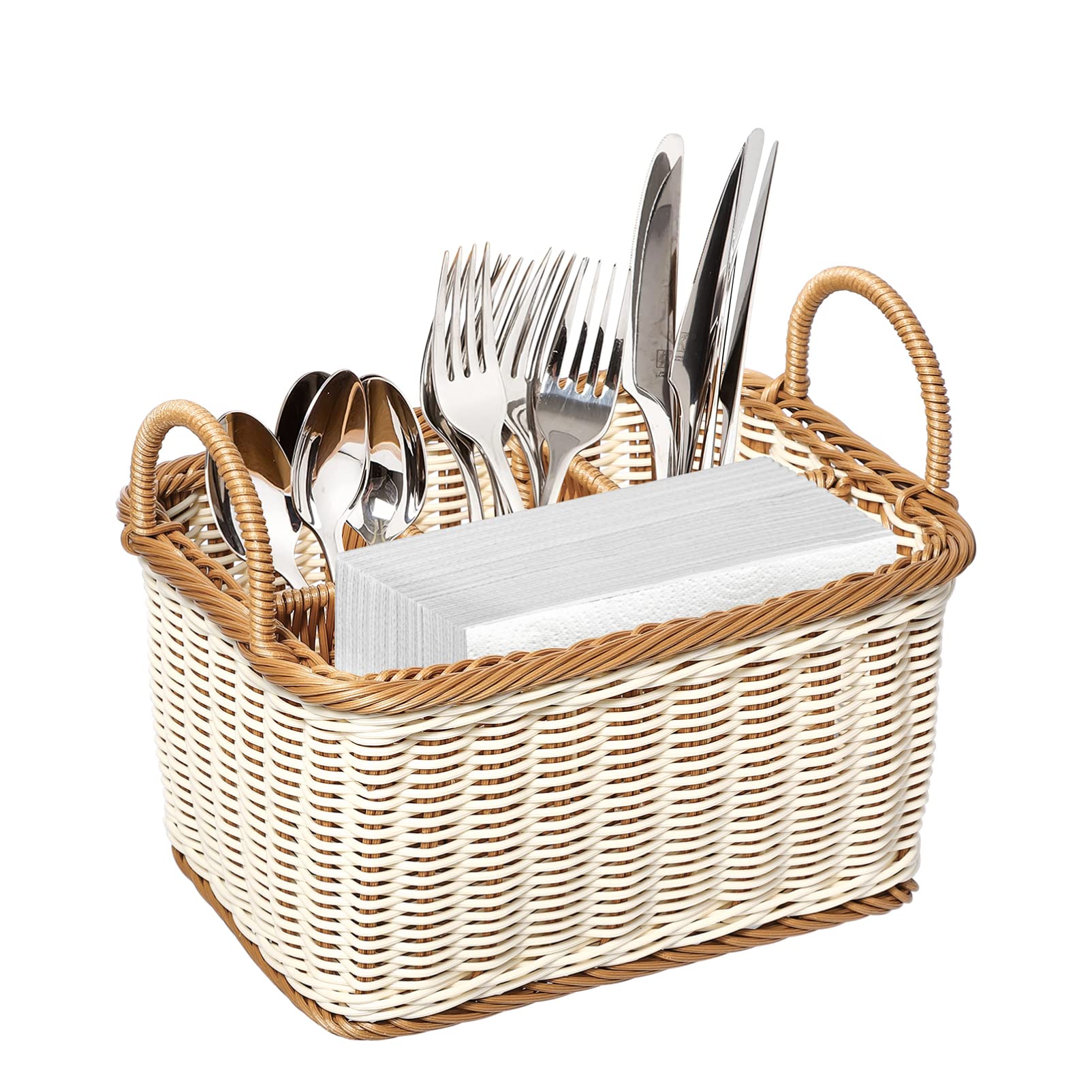 Silverware 4- compartment storage basket woven rattan- desktop basket rectangular organiser box shelves& desks decorative basket for sundries stationery cosmetics Utensil