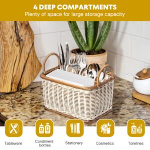 Silverware 4- compartment storage basket woven rattan- desktop basket rectangular organiser box shelves& desks decorative basket for sundries stationery cosmetics Utensil