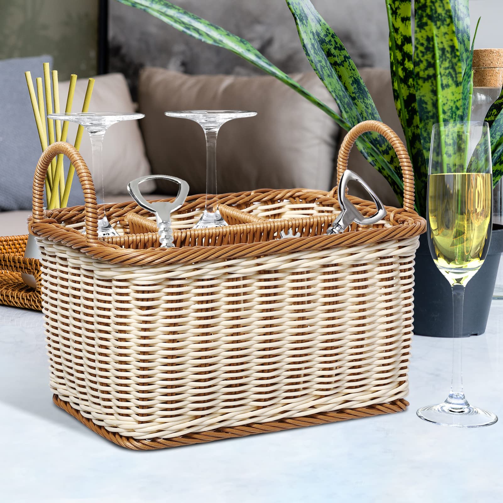 Silverware 4- compartment storage basket woven rattan- desktop basket rectangular organiser box shelves& desks decorative basket for sundries stationery cosmetics Utensil