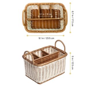 Silverware 4- compartment storage basket woven rattan- desktop basket rectangular organiser box shelves& desks decorative basket for sundries stationery cosmetics Utensil