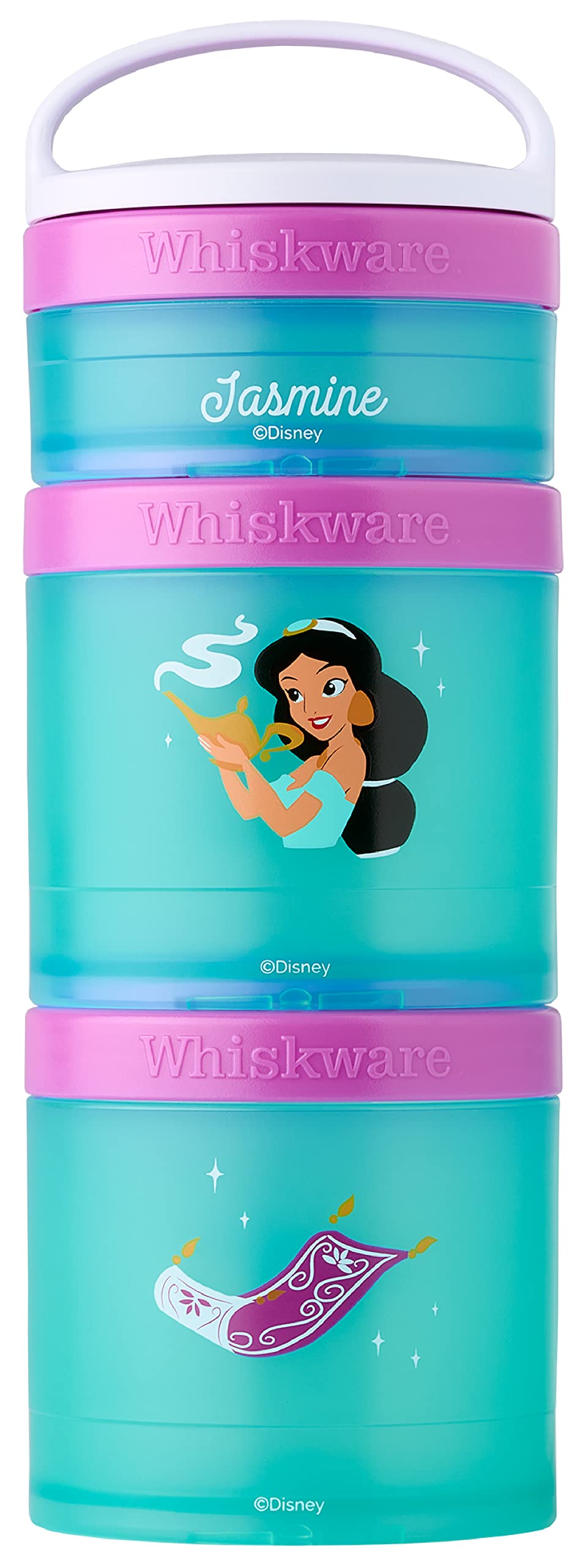 Whiskware Disney Princess Stackable Snack Containers for Kids and Toddlers, 3 Stackable Snack Cups for School and Travel, Jasmine and Magic Carpet