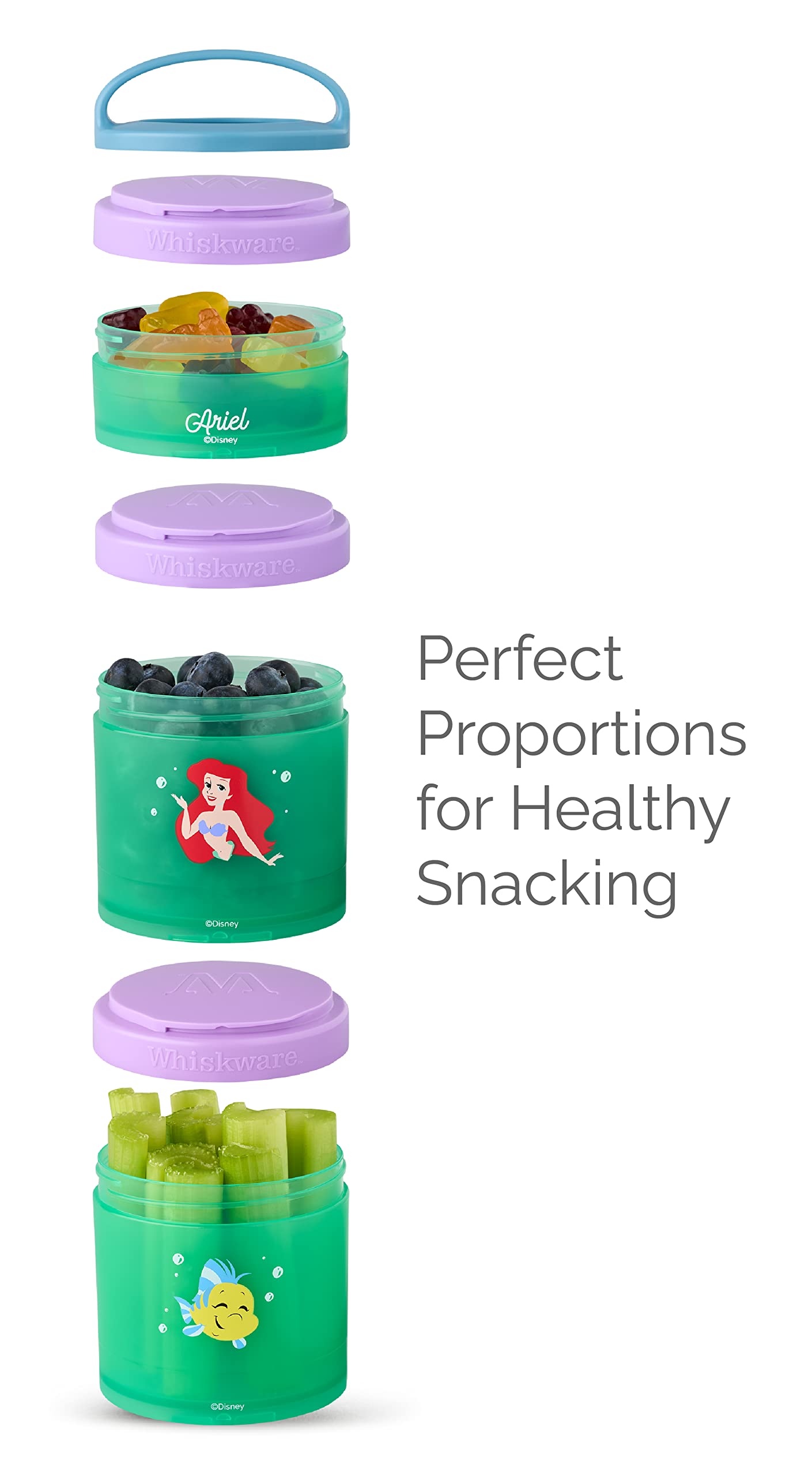 Whiskware Disney Princess Stackable Snack Containers for Kids and Toddlers, 3 Stackable Snack Cups for School and Travel, Jasmine and Magic Carpet