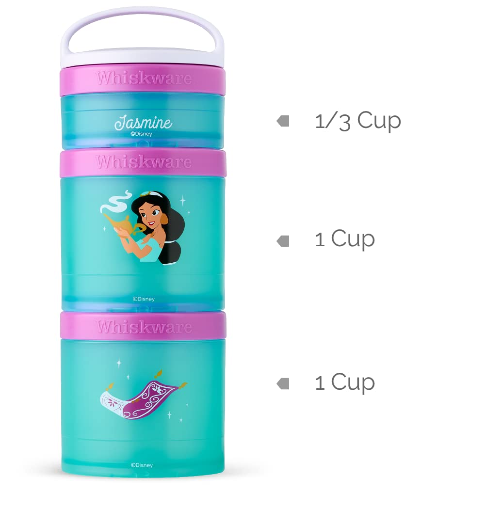 Whiskware Disney Princess Stackable Snack Containers for Kids and Toddlers, 3 Stackable Snack Cups for School and Travel, Jasmine and Magic Carpet