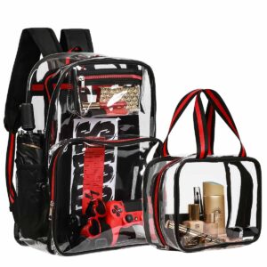 forstree 2 pieces heavy duty clear backpack, black pvc waterproof transparent bag with cosmetic bag, see through book bag with lunch bag, stadium approved