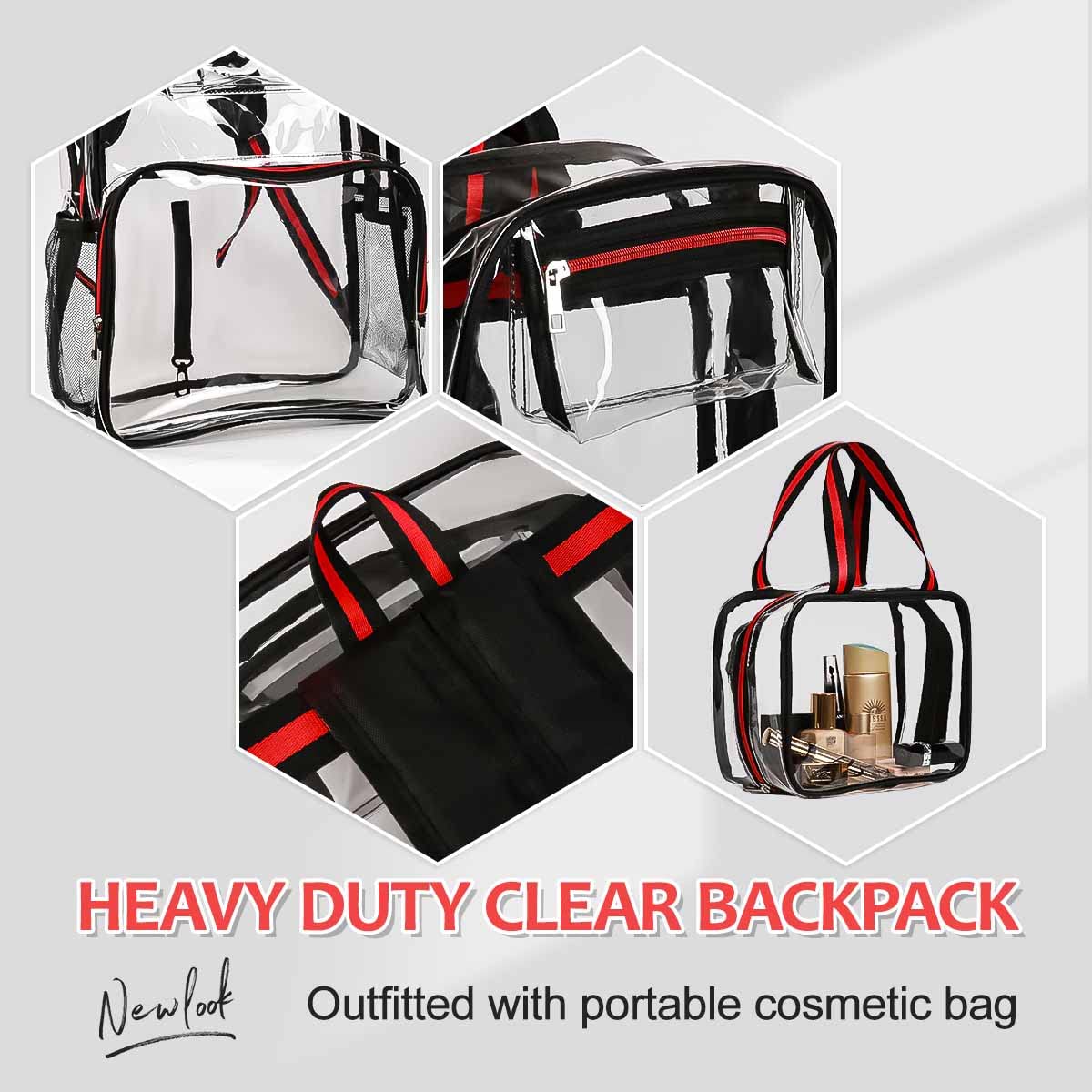 forstree 2 Pieces Heavy Duty Clear Backpack, Black PVC Waterproof Transparent Bag With Cosmetic Bag, See Through Book Bag With Lunch Bag, Stadium Approved