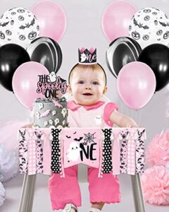 pink halloween 1st birthday party decorations spooky one high chair banner boo cake topper ghost crown hat white black bat balloons for baby girl souvenir gifts cake smash photo prop backdrop supplies