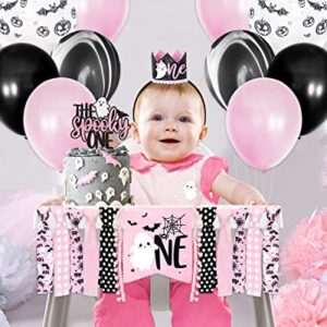 Pink Halloween 1st Birthday Party Decorations Spooky One High Chair Banner Boo Cake Topper Ghost Crown Hat White Black Bat Balloons for Baby Girl Souvenir Gifts Cake Smash Photo Prop Backdrop Supplies