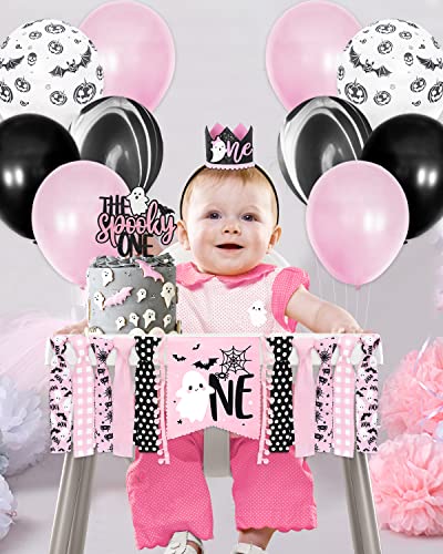 Pink Halloween 1st Birthday Party Decorations Spooky One High Chair Banner Boo Cake Topper Ghost Crown Hat White Black Bat Balloons for Baby Girl Souvenir Gifts Cake Smash Photo Prop Backdrop Supplies