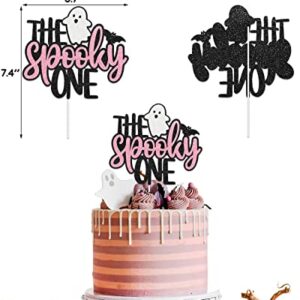 Pink Halloween 1st Birthday Party Decorations Spooky One High Chair Banner Boo Cake Topper Ghost Crown Hat White Black Bat Balloons for Baby Girl Souvenir Gifts Cake Smash Photo Prop Backdrop Supplies