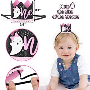 Pink Halloween 1st Birthday Party Decorations Spooky One High Chair Banner Boo Cake Topper Ghost Crown Hat White Black Bat Balloons for Baby Girl Souvenir Gifts Cake Smash Photo Prop Backdrop Supplies