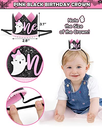 Pink Halloween 1st Birthday Party Decorations Spooky One High Chair Banner Boo Cake Topper Ghost Crown Hat White Black Bat Balloons for Baby Girl Souvenir Gifts Cake Smash Photo Prop Backdrop Supplies