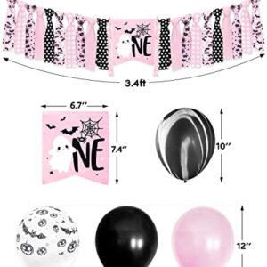 Pink Halloween 1st Birthday Party Decorations Spooky One High Chair Banner Boo Cake Topper Ghost Crown Hat White Black Bat Balloons for Baby Girl Souvenir Gifts Cake Smash Photo Prop Backdrop Supplies