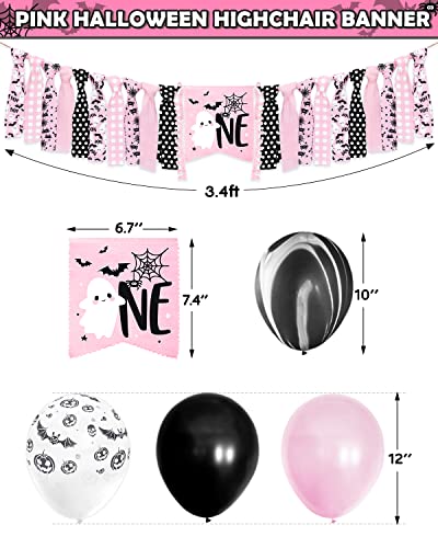 Pink Halloween 1st Birthday Party Decorations Spooky One High Chair Banner Boo Cake Topper Ghost Crown Hat White Black Bat Balloons for Baby Girl Souvenir Gifts Cake Smash Photo Prop Backdrop Supplies