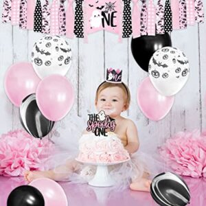 Pink Halloween 1st Birthday Party Decorations Spooky One High Chair Banner Boo Cake Topper Ghost Crown Hat White Black Bat Balloons for Baby Girl Souvenir Gifts Cake Smash Photo Prop Backdrop Supplies