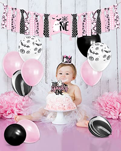 Pink Halloween 1st Birthday Party Decorations Spooky One High Chair Banner Boo Cake Topper Ghost Crown Hat White Black Bat Balloons for Baby Girl Souvenir Gifts Cake Smash Photo Prop Backdrop Supplies