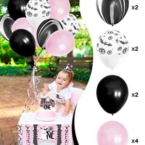 Pink Halloween 1st Birthday Party Decorations Spooky One High Chair Banner Boo Cake Topper Ghost Crown Hat White Black Bat Balloons for Baby Girl Souvenir Gifts Cake Smash Photo Prop Backdrop Supplies