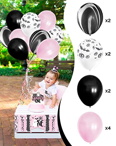 Pink Halloween 1st Birthday Party Decorations Spooky One High Chair Banner Boo Cake Topper Ghost Crown Hat White Black Bat Balloons for Baby Girl Souvenir Gifts Cake Smash Photo Prop Backdrop Supplies