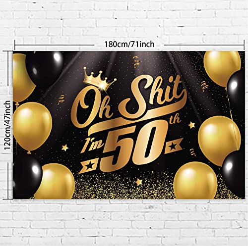 Oh S*hit I’m 50th Banner Backdrop Black Gold Balloons Crown Confetti Hallo Fifteen Cheers to 50 Years Old Theme Decorations Decor for Man Woman Happy 50th Birthday Party Anniversary Supplies