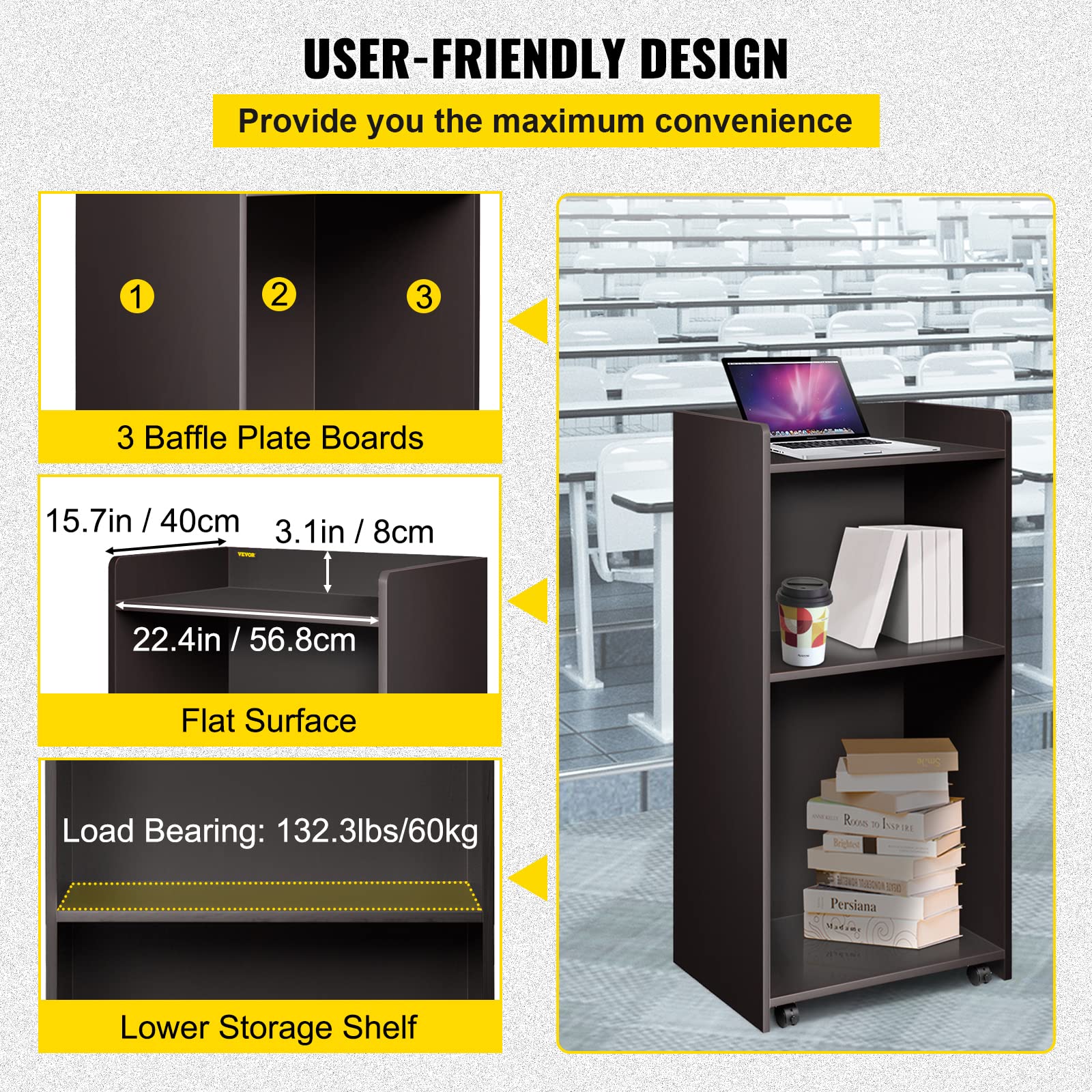 VEVOR Wood Podium, 23.6" x 47.2", Lecterns and Podiums w/ 4 Rolling Wheels, Flat Surface, Baffle Plate & Shelf, Easy Assembly Ebony Lecterns for Church, Office, School, Home Black