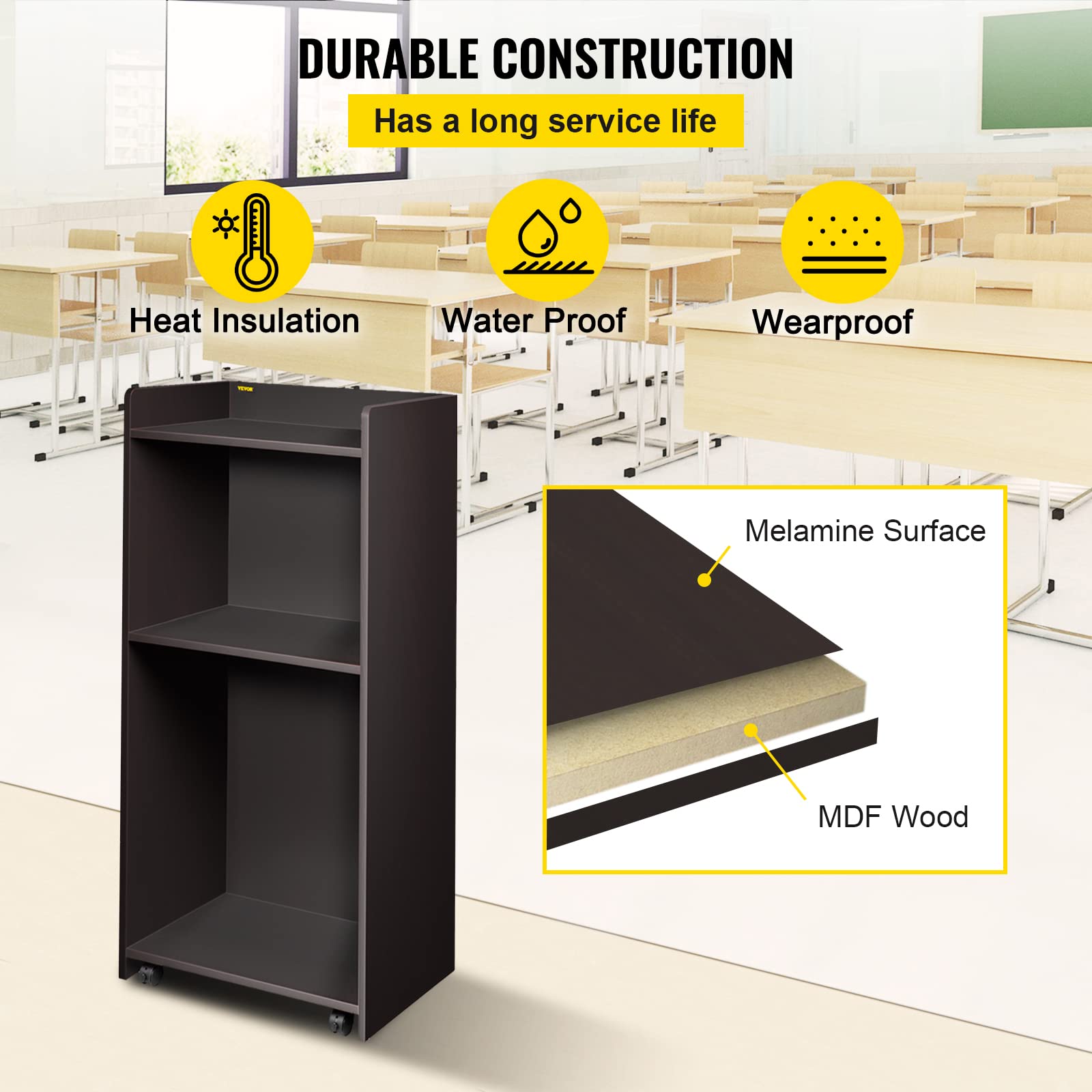 VEVOR Wood Podium, 23.6" x 47.2", Lecterns and Podiums w/ 4 Rolling Wheels, Flat Surface, Baffle Plate & Shelf, Easy Assembly Ebony Lecterns for Church, Office, School, Home Black