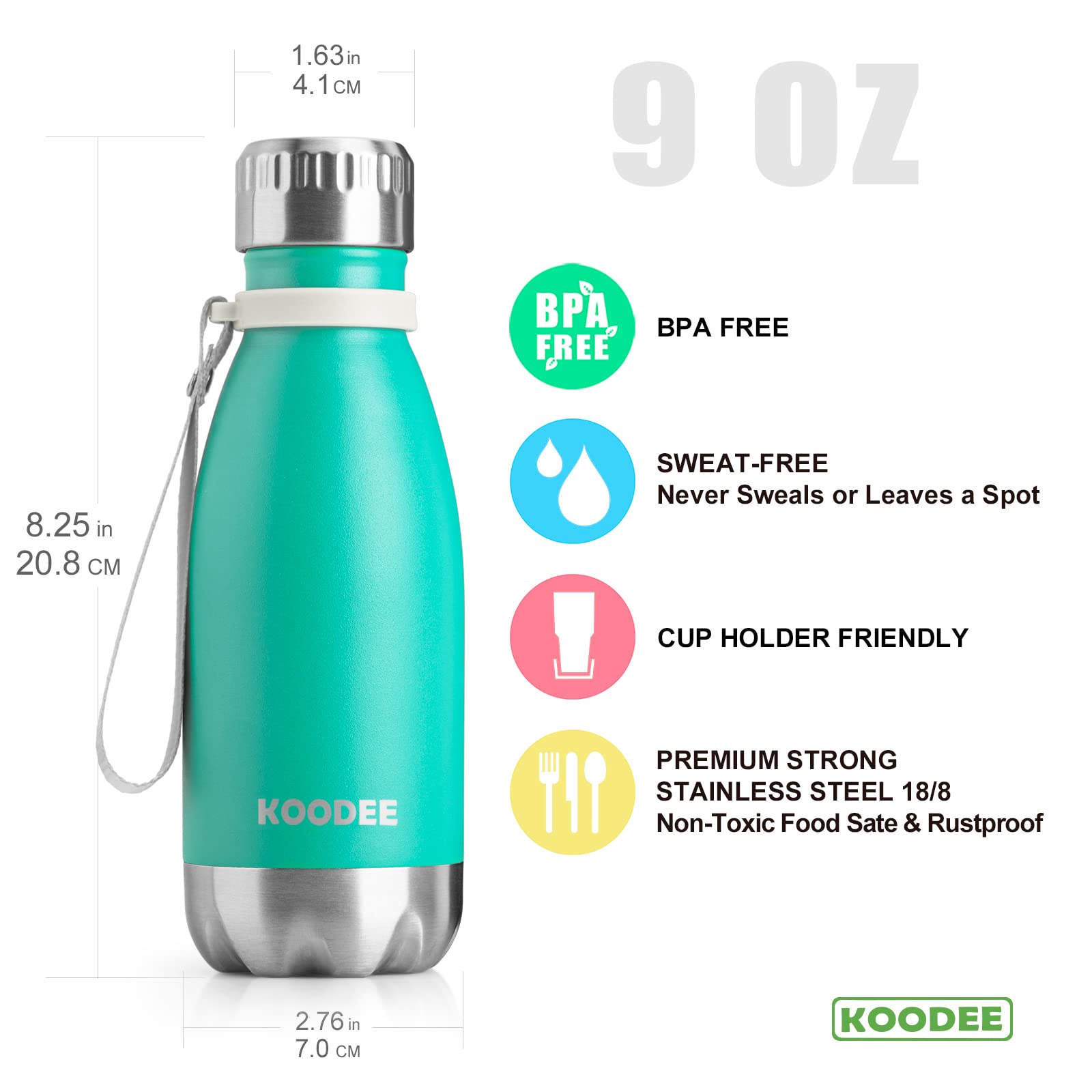 koodee Small Water Bottle 9 oz Stainless Steel Double Wall Vacuum Insulated Water Bottle BPA Free-Reusable Metal Leak Proof Water Flask (Black)