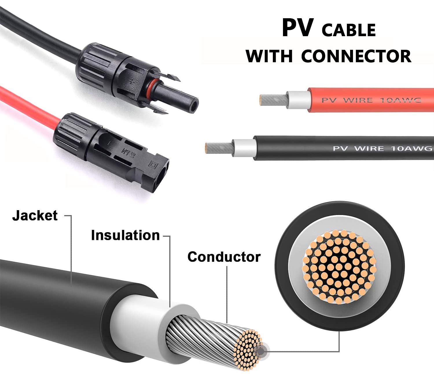 PowMr 10 Feet 10AWG(6mm²) Solar Extension Cable with Female and Male Connector Solar Panel Adaptor Kit Tool(Red & Black)