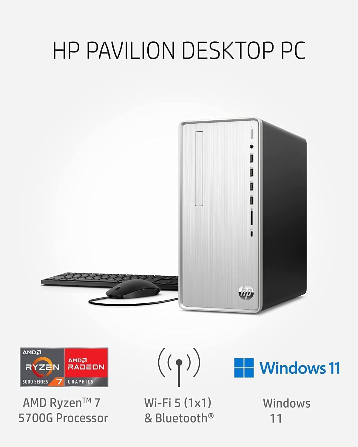 HP 2023 Newest Pavilion Desktop, AMD Ryzen 7 5700G, 16GB RAM, 256GB SSD + 1TB HDD, Wi-Fi 5, Bluetooth, 9 USB Ports, Pre-Built PC Tower, Windows 11 Bundle with JAWFOAL