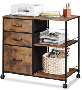 devaise 3 drawer mobile file cabinet, rolling printer stand with open storage shelf, fabric lateral filing cabinet fits a4 or letter size for home office, rustic brown wood grain print