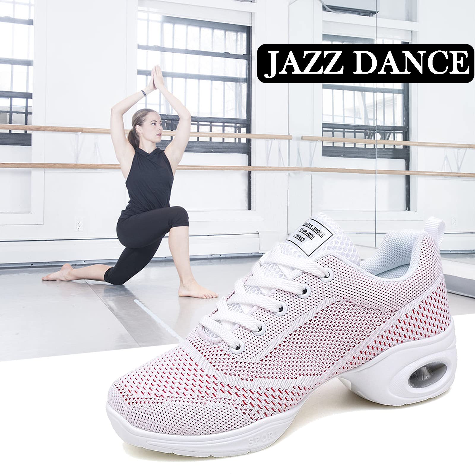 FLIOZY Women's Jazz Shoes Lace-up Platform Air Cushion Dance Shoes Breathable Athletic Fitness Yoga Walking Sneaker White 38