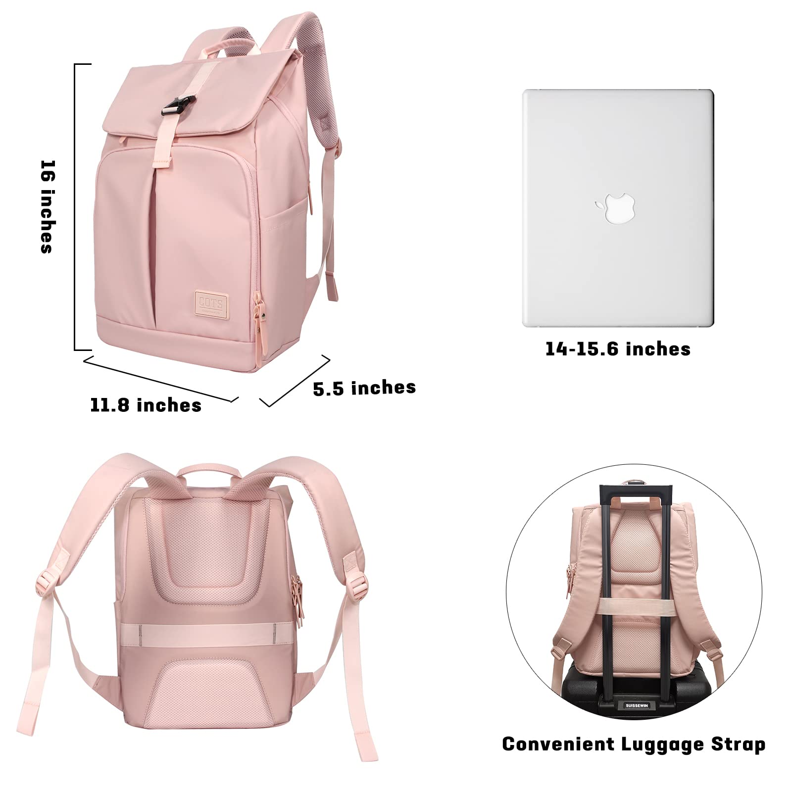 COTS Womens Backpack, Pink Laptop Backpack for Work Business Travel Backpack Fits 15.6 Inch Computer Fashion Casual Daypack Gifts for Women