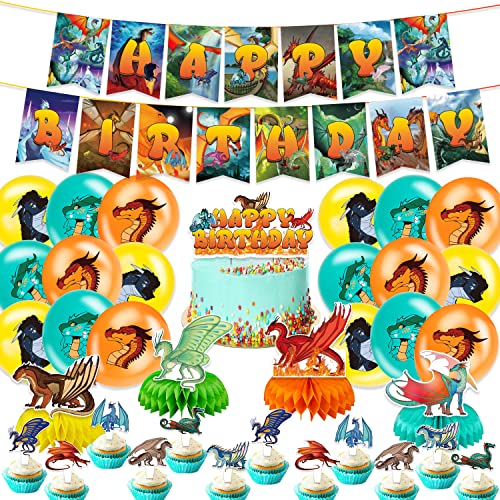 Wings of Fire Birthday Party Decoration, Include Wings of Fire Birthday Banner, Table Centerpieces, Cake Topper, Latex Balloons for Dragon Theme Kids Birthday Party Supplies Baby Shower