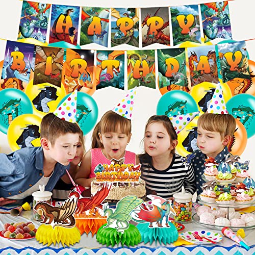 Wings of Fire Birthday Party Decoration, Include Wings of Fire Birthday Banner, Table Centerpieces, Cake Topper, Latex Balloons for Dragon Theme Kids Birthday Party Supplies Baby Shower