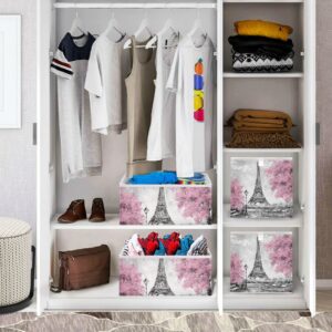 WELLDAY Storage Basket Eiffel Tower Pink Tree Foldable 11 x 11 x 11 in Cube Storage Bin Home Decor Organizer Storage Baskets Box for Toys, Books, Shelves, Closet, Laundry, Nursery