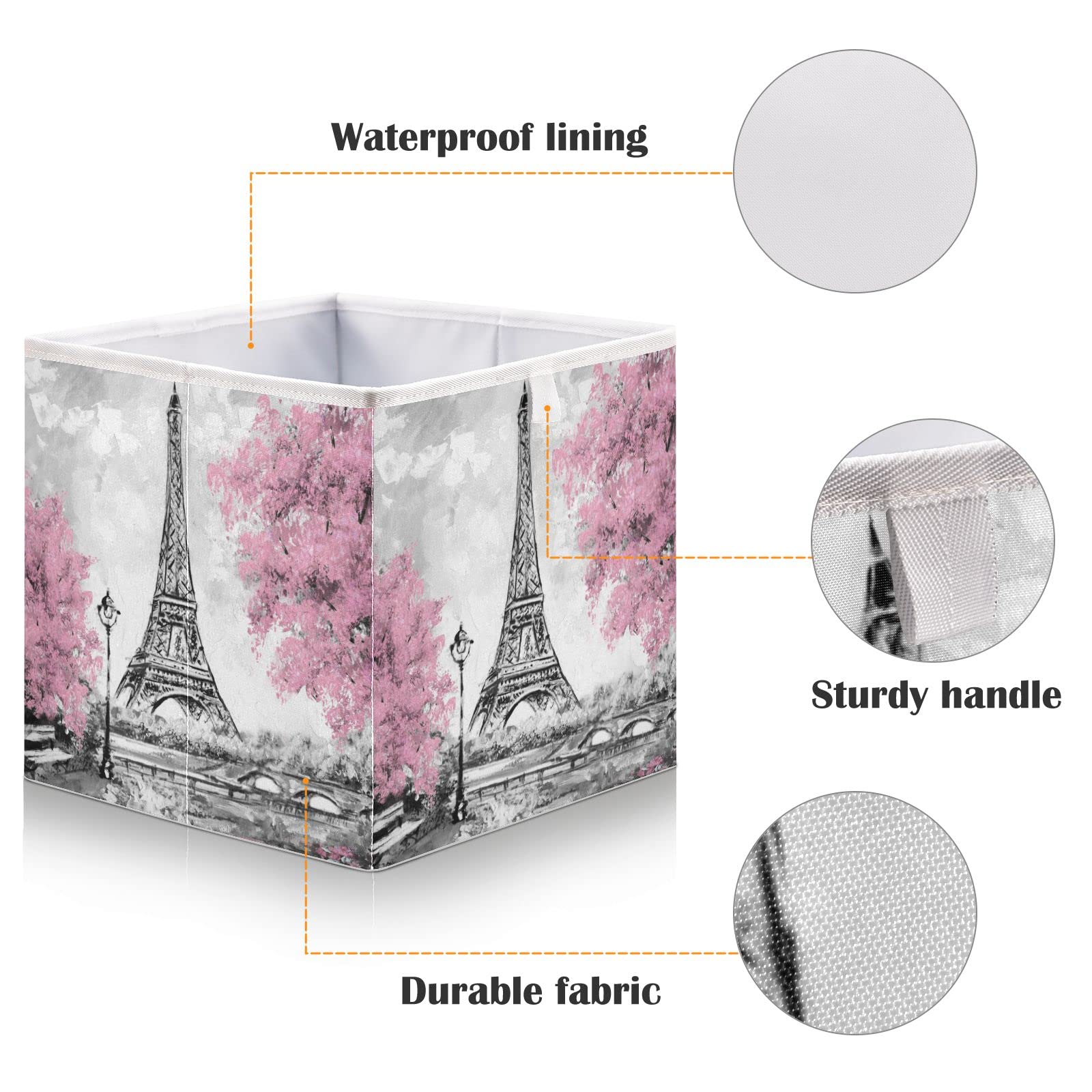 WELLDAY Storage Basket Eiffel Tower Pink Tree Foldable 11 x 11 x 11 in Cube Storage Bin Home Decor Organizer Storage Baskets Box for Toys, Books, Shelves, Closet, Laundry, Nursery