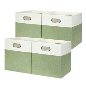 temary fabric storage cubes 11x11 cube storage bins with handles, 4 pack canvas cube storage boxes green baskets for organizing closet, foldable cloth baskets for shelves (white&green)