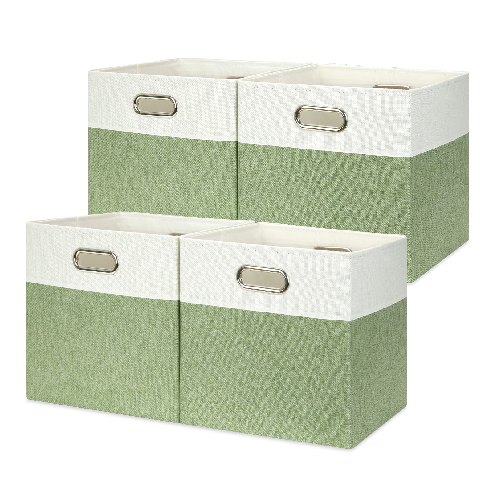 Temary Fabric Storage Cubes 11x11 Cube Storage Bins with Handles, 4 Pack Canvas Cube Storage Boxes Green Baskets for Organizing Closet, Foldable Cloth Baskets for Shelves (White&Green)