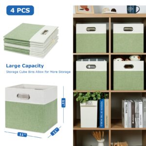 Temary Fabric Storage Cubes 11x11 Cube Storage Bins with Handles, 4 Pack Canvas Cube Storage Boxes Green Baskets for Organizing Closet, Foldable Cloth Baskets for Shelves (White&Green)