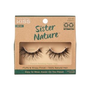 kiss sister nature false eyelashes, dawn', 12 mm, 100% natural hair, recyclable paper box, printed with soy ink, cruelty free, vegan, includes 1 pair of reusable strip lashes