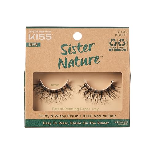 KISS Sister Nature False Eyelashes, Dawn', 12 mm, 100% Natural Hair, Recyclable Paper Box, Printed with Soy Ink, Cruelty Free, Vegan, Includes 1 Pair of Reusable Strip Lashes