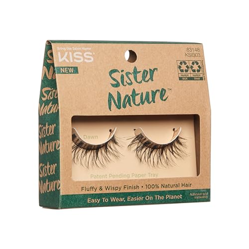 KISS Sister Nature False Eyelashes, Dawn', 12 mm, 100% Natural Hair, Recyclable Paper Box, Printed with Soy Ink, Cruelty Free, Vegan, Includes 1 Pair of Reusable Strip Lashes