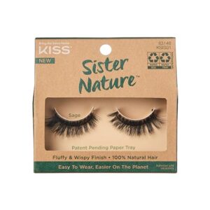 kiss sister nature false eyelashes, sage', 12 mm, 100% natural hair, recyclable paper box, printed with soy ink, cruelty free, vegan, includes 1 pair of reusable strip lashes