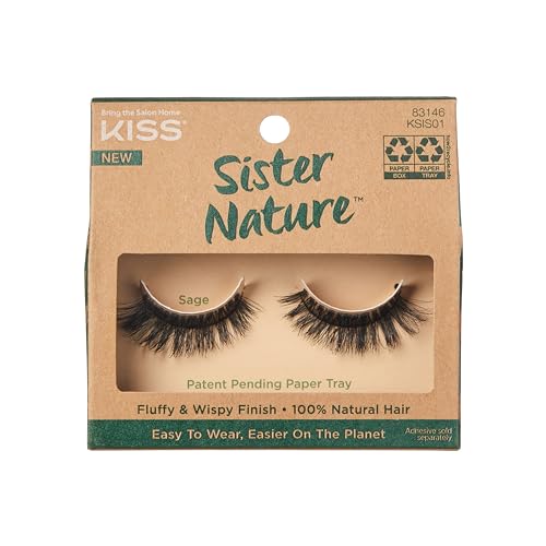 KISS Sister Nature False Eyelashes, Sage', 12 mm, 100% Natural Hair, Recyclable Paper Box, Printed with Soy Ink, Cruelty Free, Vegan, Includes 1 Pair of Reusable Strip Lashes