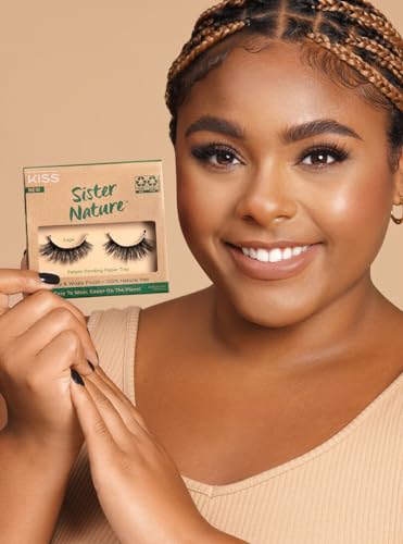 KISS Sister Nature False Eyelashes, Sage', 12 mm, 100% Natural Hair, Recyclable Paper Box, Printed with Soy Ink, Cruelty Free, Vegan, Includes 1 Pair of Reusable Strip Lashes