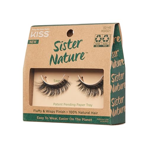 KISS Sister Nature False Eyelashes, Sage', 12 mm, 100% Natural Hair, Recyclable Paper Box, Printed with Soy Ink, Cruelty Free, Vegan, Includes 1 Pair of Reusable Strip Lashes